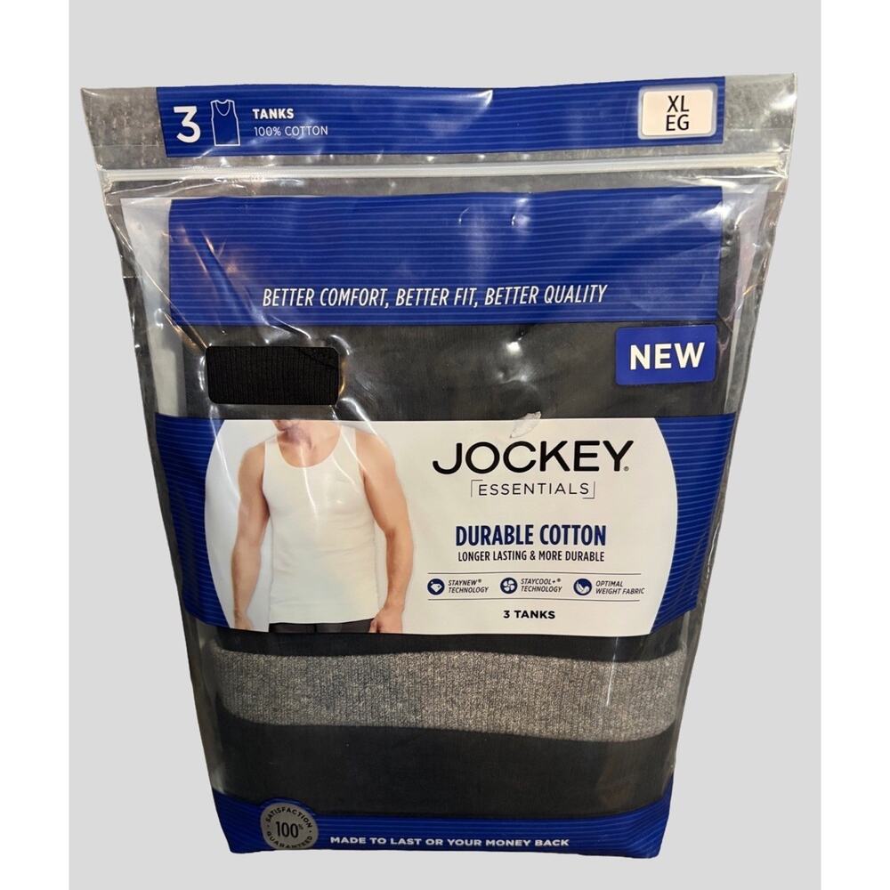 Jockey Essentials Mens Tank Tops 3 Pack XL Black Gray 100% Cotton Ribbed NEW